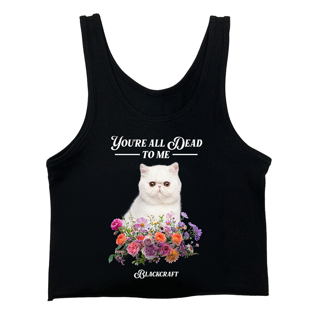 A classic black cropped tank top with custom cat artwork on the front.