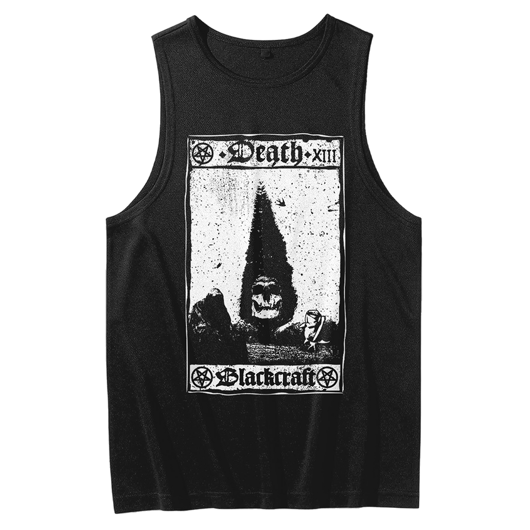 A classic black cotton tank top with custom death card artwork on the front, from Blackcraft.