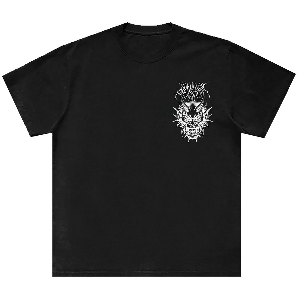 A classic black cotton tee with custom devil mask artwork on the front and back, from Blackcraft.
