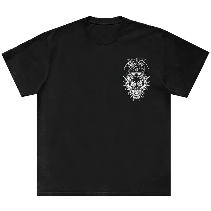 A classic black cotton tee with custom devil mask artwork on the front and back, from Blackcraft.