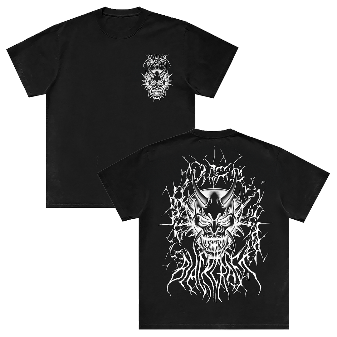 A classic black cotton tee with custom devil mask artwork on the front and back, from Blackcraft.