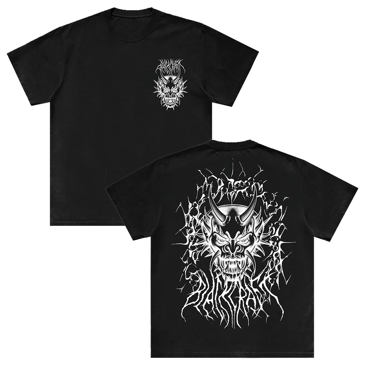 A classic black cotton tee with custom devil mask artwork on the front and back, from Blackcraft.