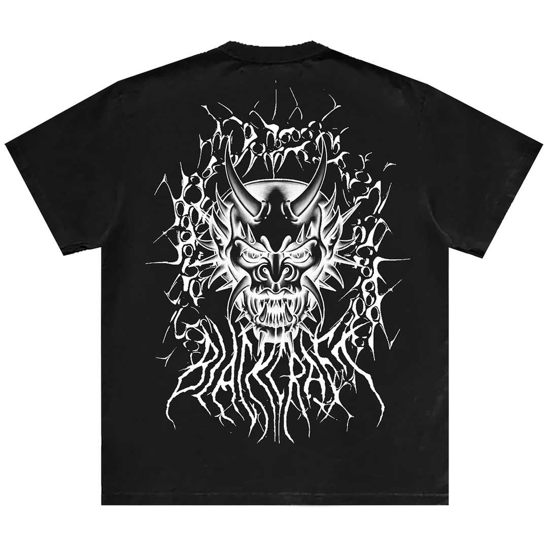 A classic black cotton tee with custom devil mask artwork on the front and back, from Blackcraft.