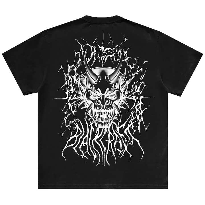 A classic black cotton tee with custom devil mask artwork on the front and back, from Blackcraft.