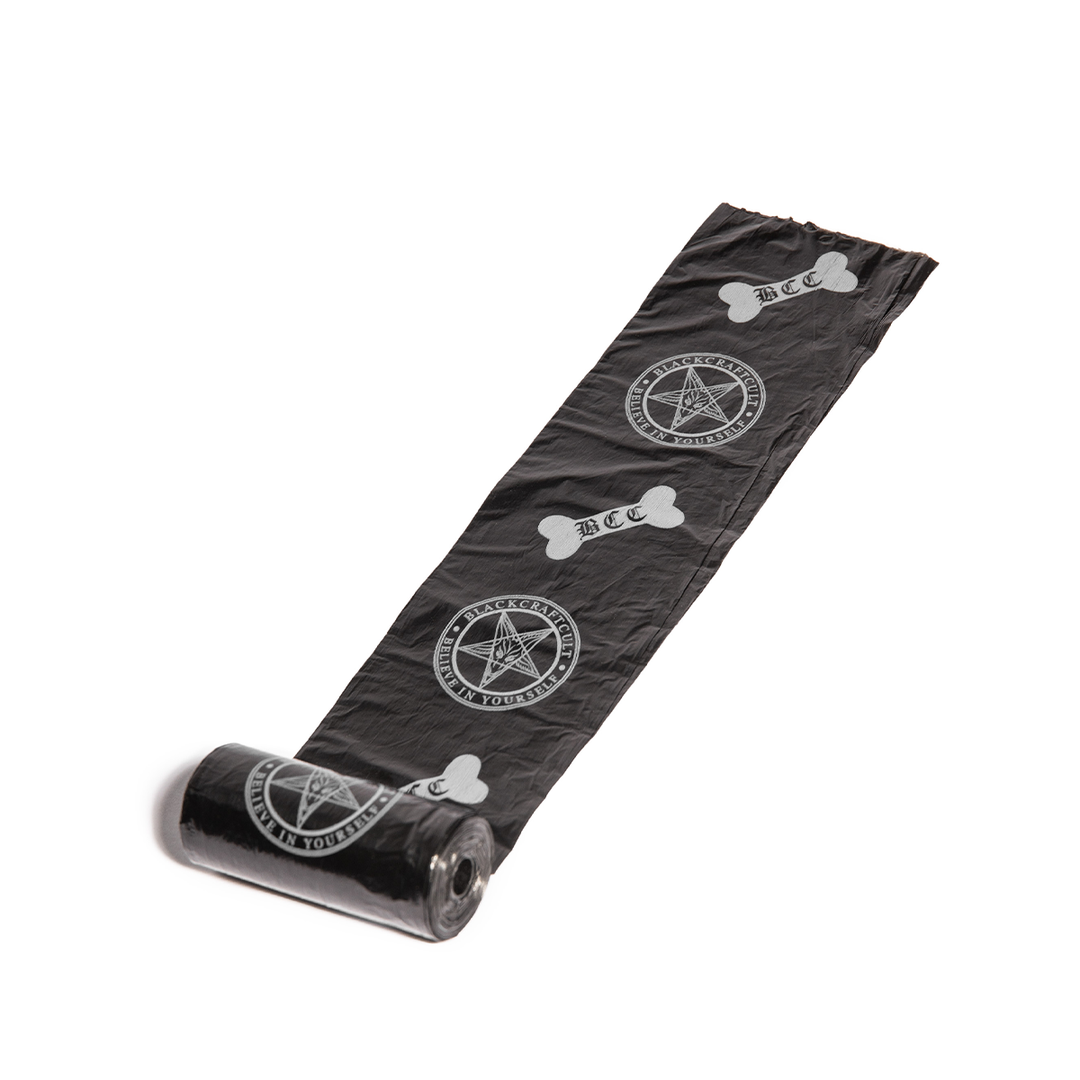 A set of eight black dog poop bags from Blackcraft.