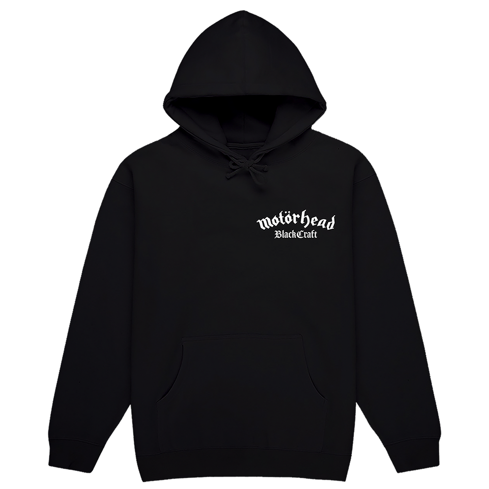 A classic black pullover hoodie with custom Motorhead x Blackcraft artwork on the front and back.