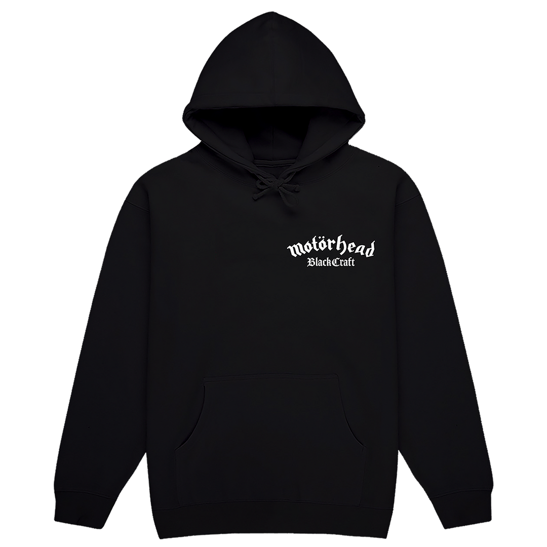 A classic black pullover hoodie with custom Motorhead x Blackcraft artwork on the front and back.