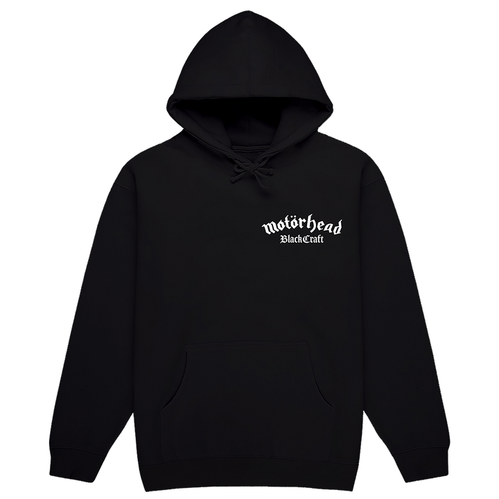A classic black pullover hoodie with custom Motorhead x Blackcraft artwork on the front and back.