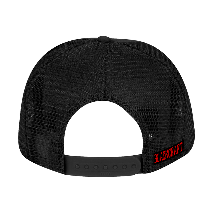 A classic black trucker hat with custom Blackcraft artwork on the front. 