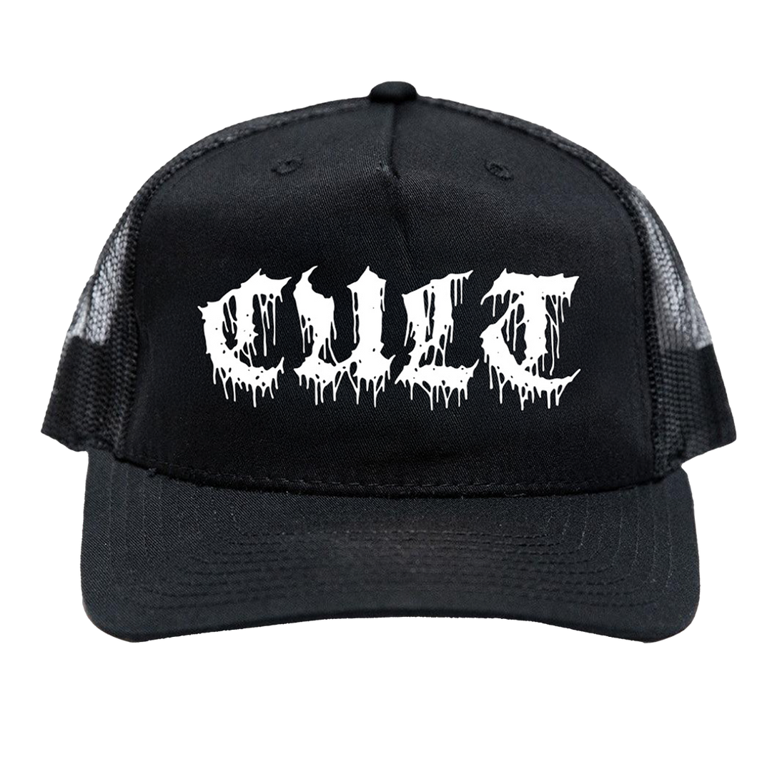 A classic black foam trucker hat with custom Blackcraft artwork on the front.