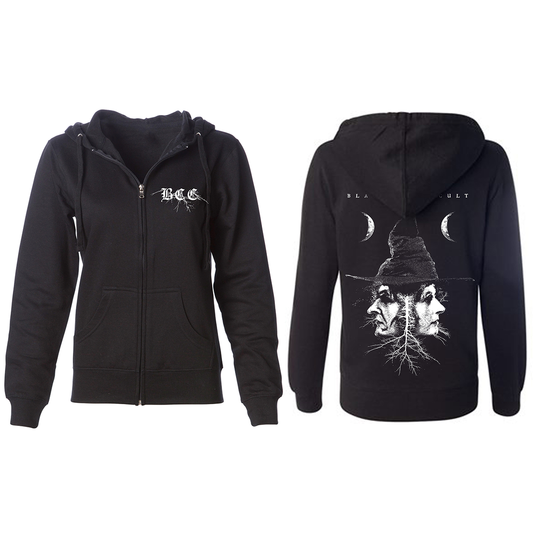 A women's black zip up hoodie with custom Blackcraft artwork