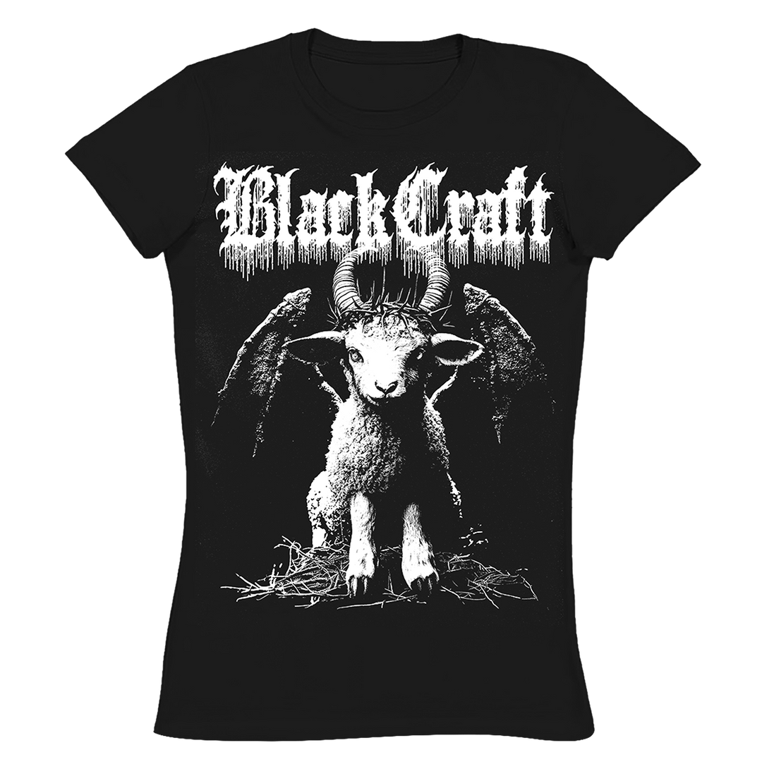 A black slim fit ribbed baby tee with custom evil lamb artwork on the front. 