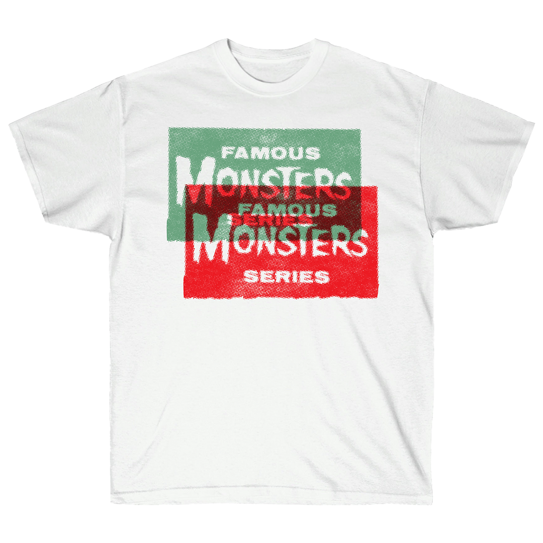 A white short-sleeved t-shirt with custom Famous Monsters artwork printed across the front and back.