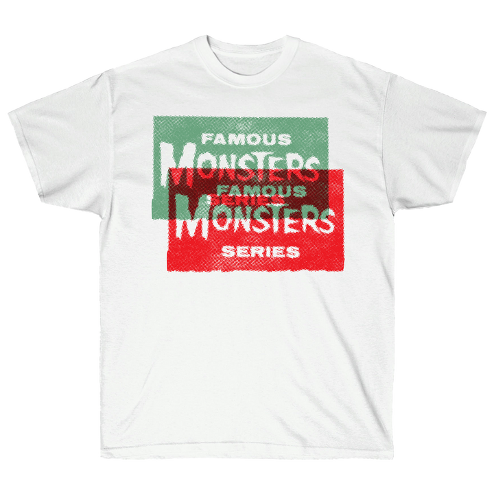 A white short-sleeved t-shirt with custom Famous Monsters artwork printed across the front and back.