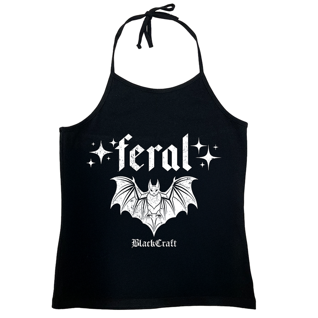A classic slim fit black halter tank top with custom feral bat artwork on the front, from Blackcraft.