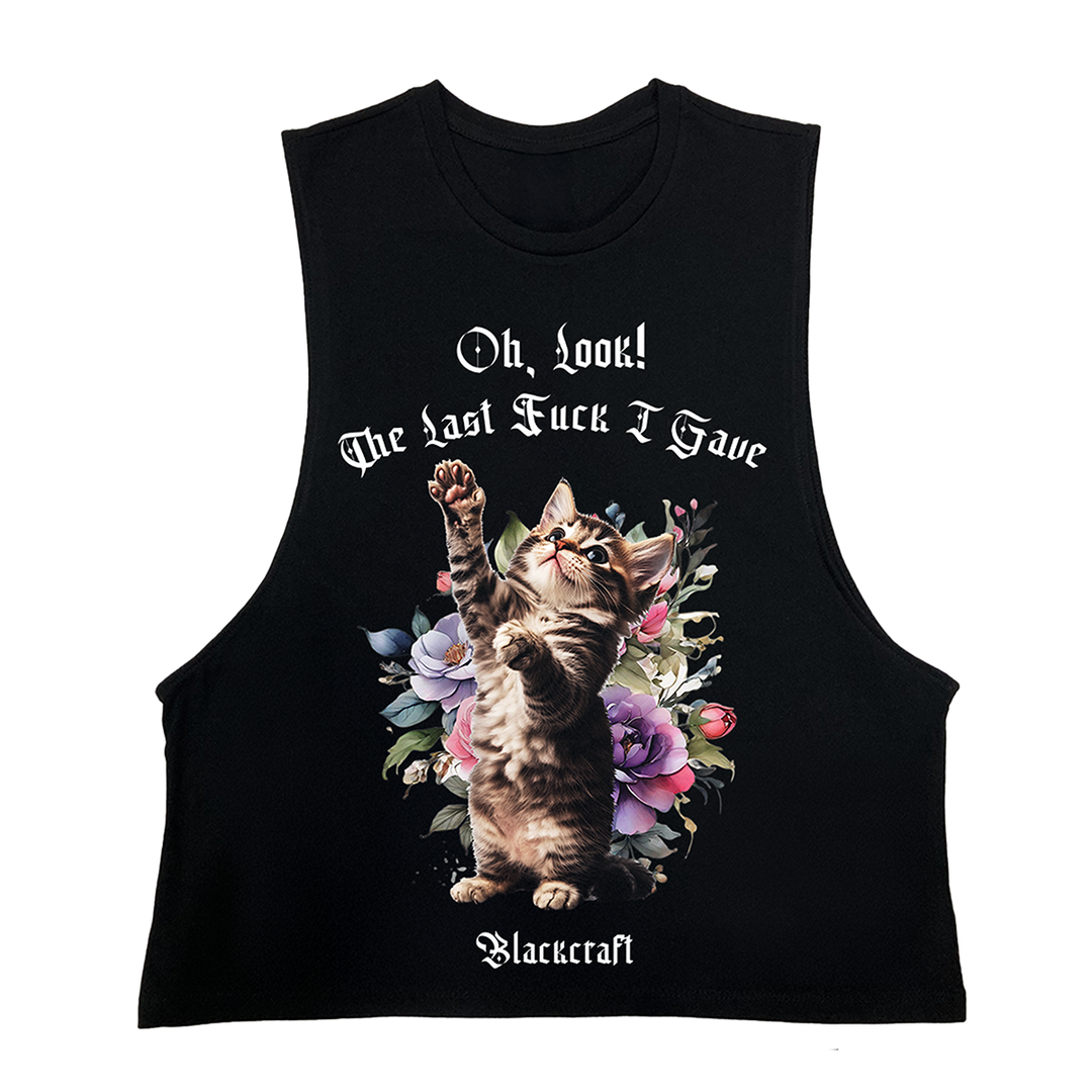 A black muscle tank top with custom The Last F I Give Kitty artwork across the front.