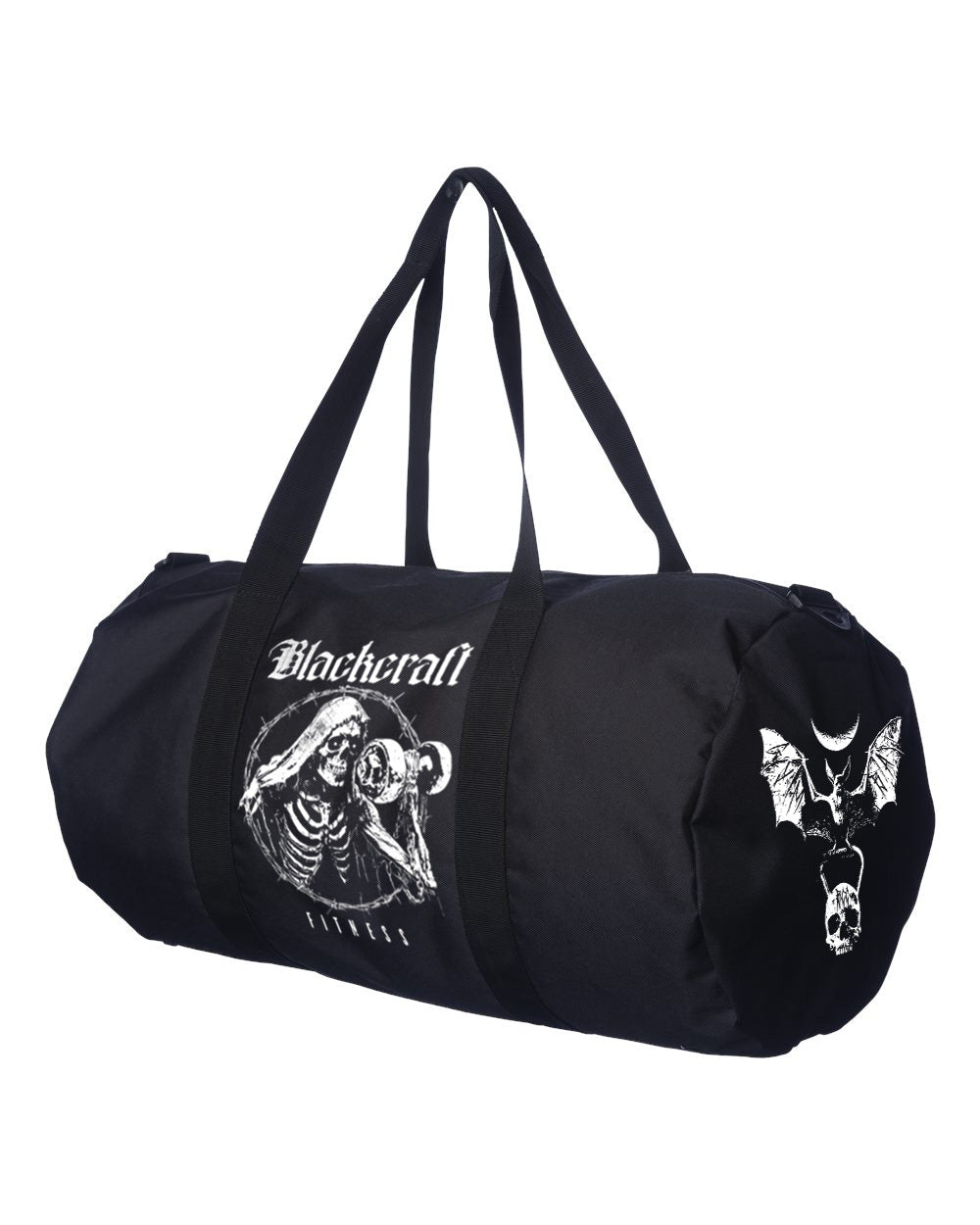 Black polyester duffel bag.