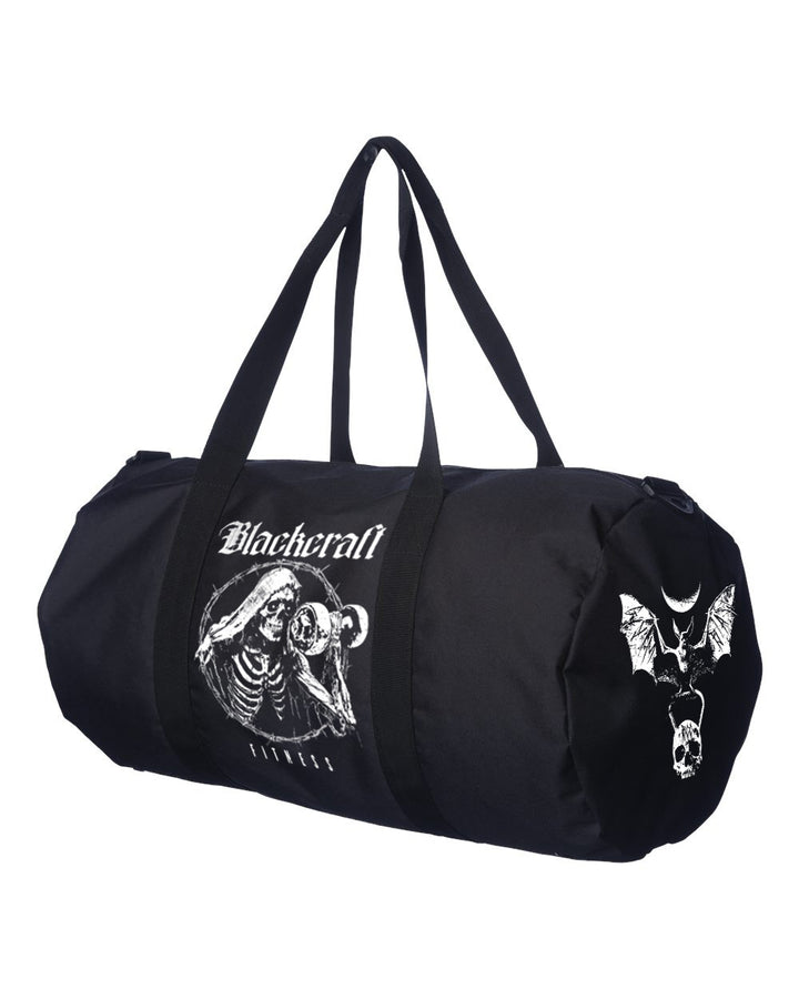 Black polyester duffel bag.