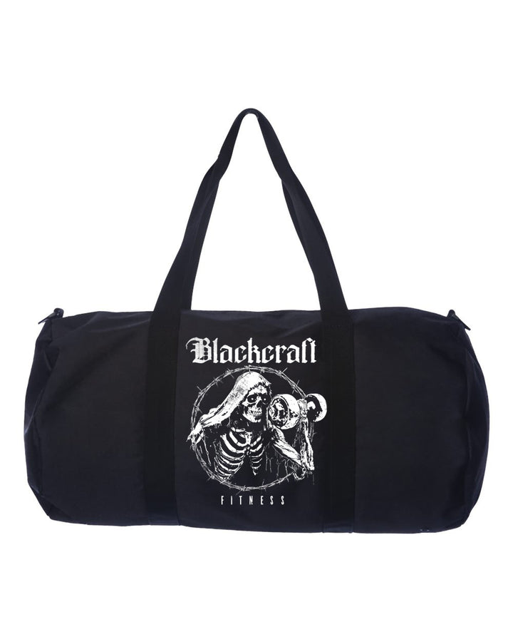 Black polyester duffel bag.