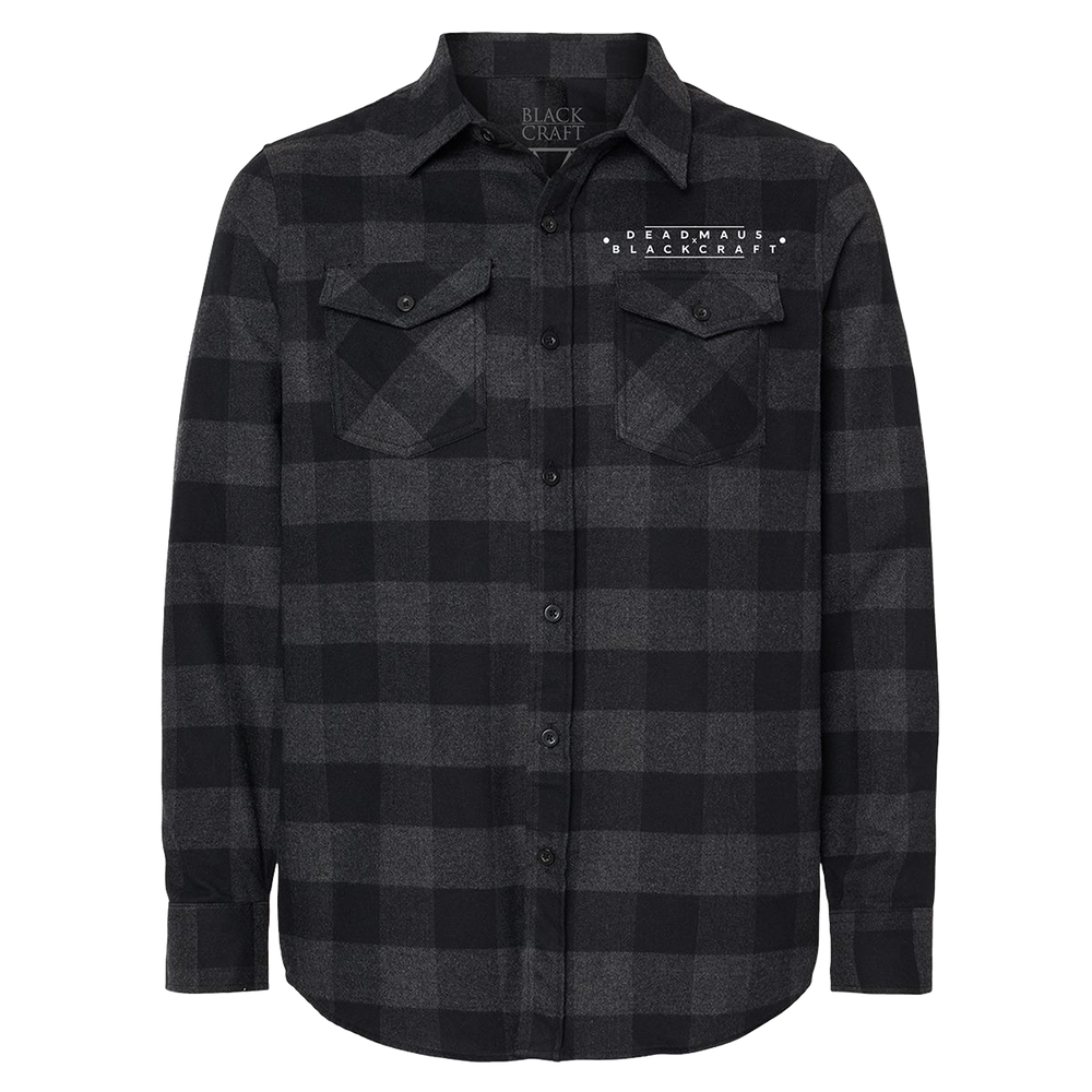 A grey and black checked flannel shirt with custom Deadmau5 x Blackcraft artwork on the back.