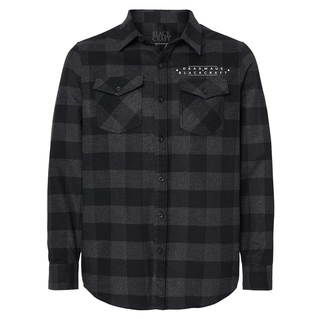 A grey and black checked flannel shirt with custom Deadmau5 x Blackcraft artwork on the back.