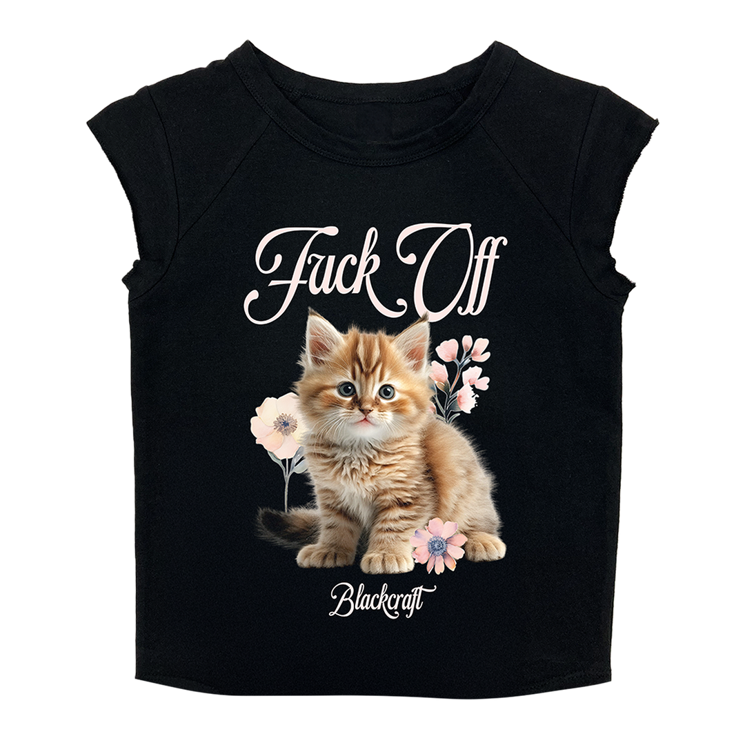 A black slim fit cropped tee with a high crew neckline, short cap sleeves, and custom F Off Cat artwork on the front.