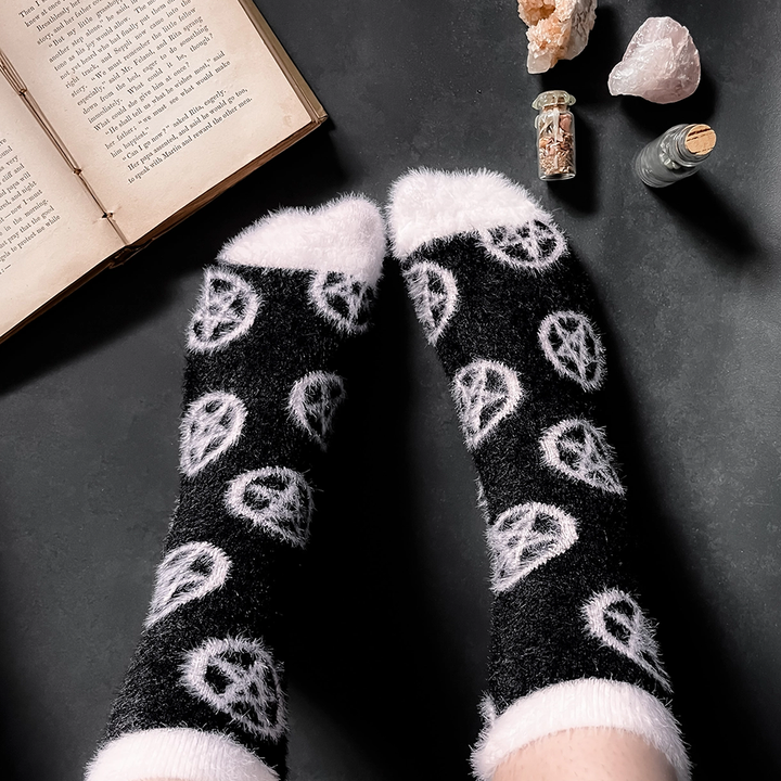 Fuzzy black and white pentagram socks 