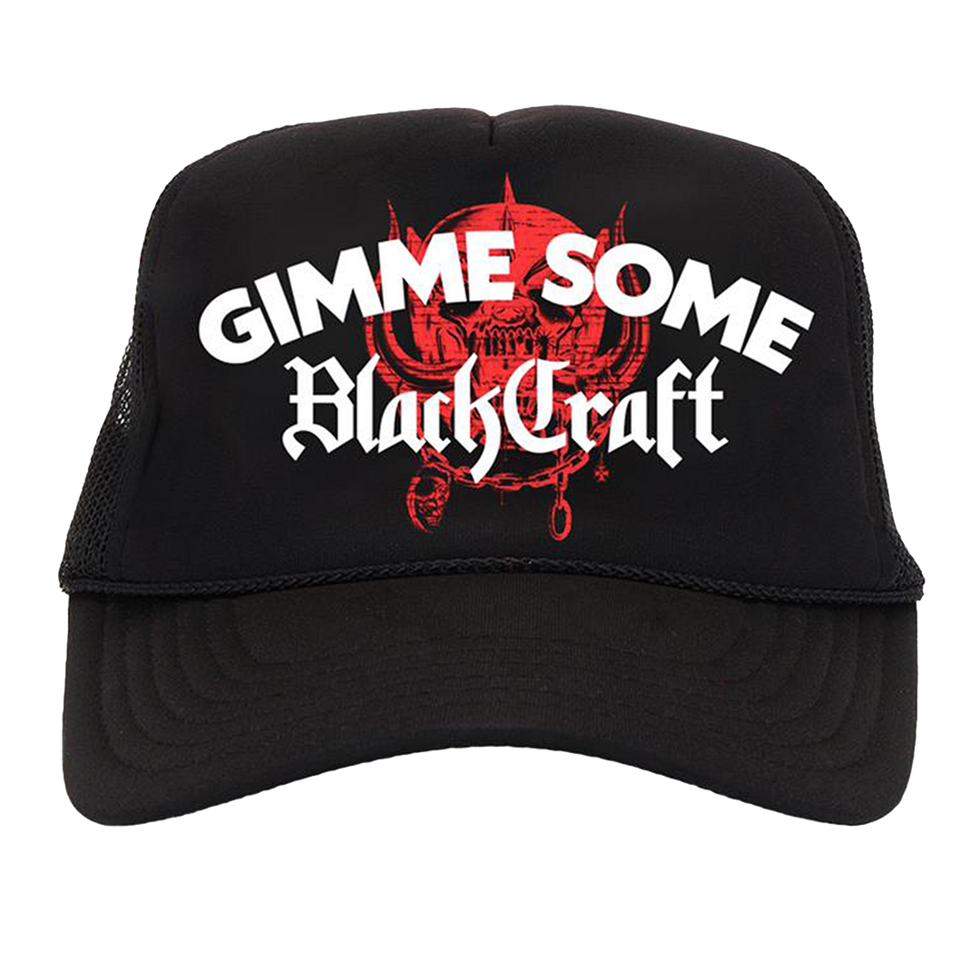 A classic black foam trucker hat with custom Blackcraft x Motorhead artwork on the front.