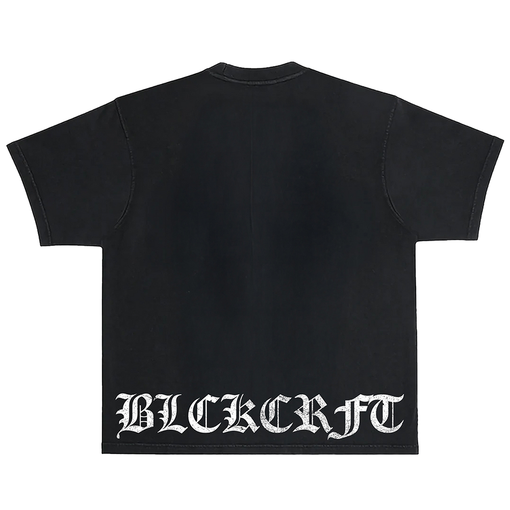A classic heavyweight black cotton tee with custom Blackcraft artwork on the front and back. 