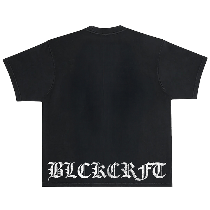 A classic heavyweight black cotton tee with custom Blackcraft artwork on the front and back. 