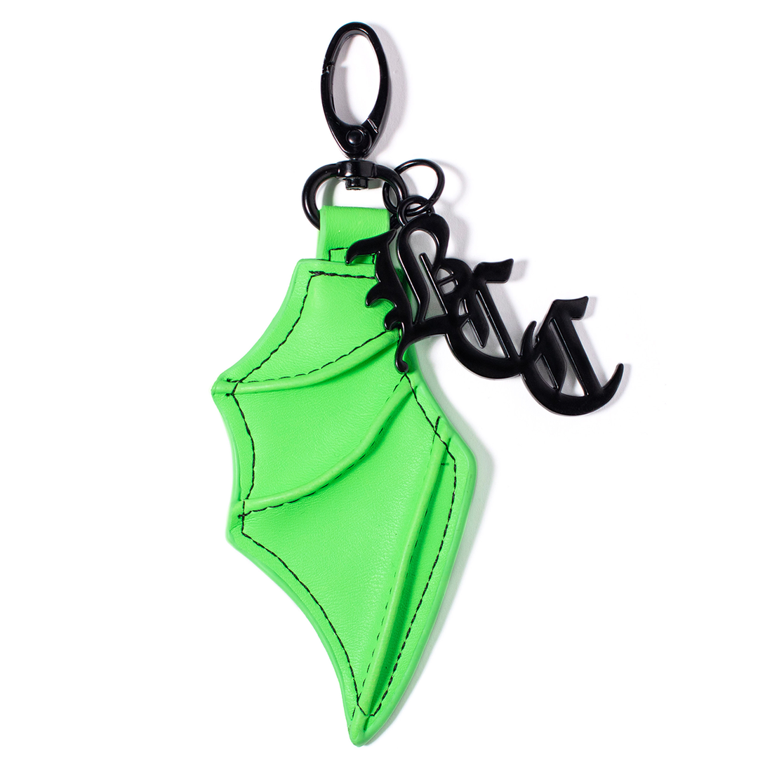 Green faux leather bat wing keychain.