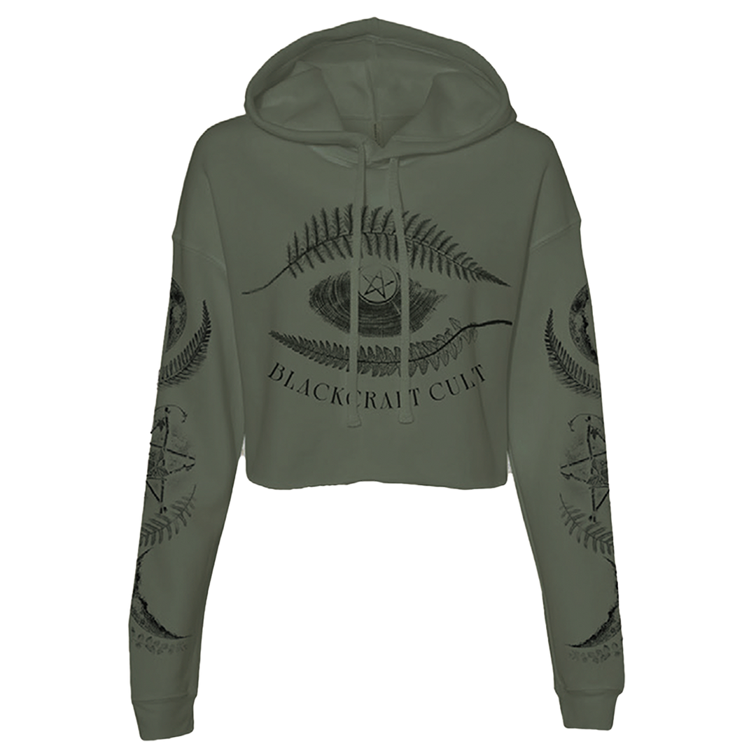 A military green Blackcraft cropped hoodie with custom plant witch artwork on the front and along the sleeves.