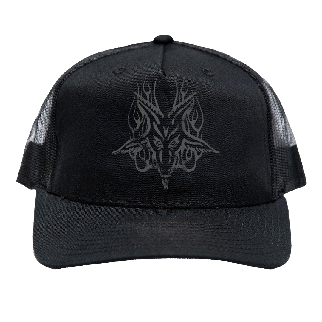 A classic black foam trucker hat with custom grey Blackcraft artwork on the front.