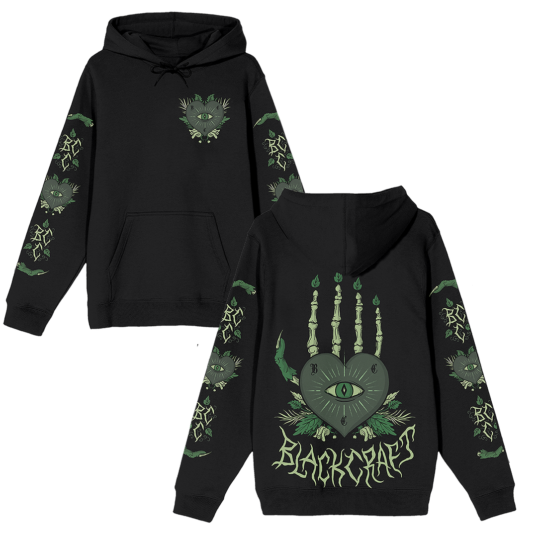 A classic fit black Blackcraft pullover hoodie with custom plant witch artwork on the front, back, and along the sleeves.