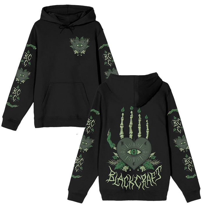 A classic fit black Blackcraft pullover hoodie with custom plant witch artwork on the front, back, and along the sleeves.