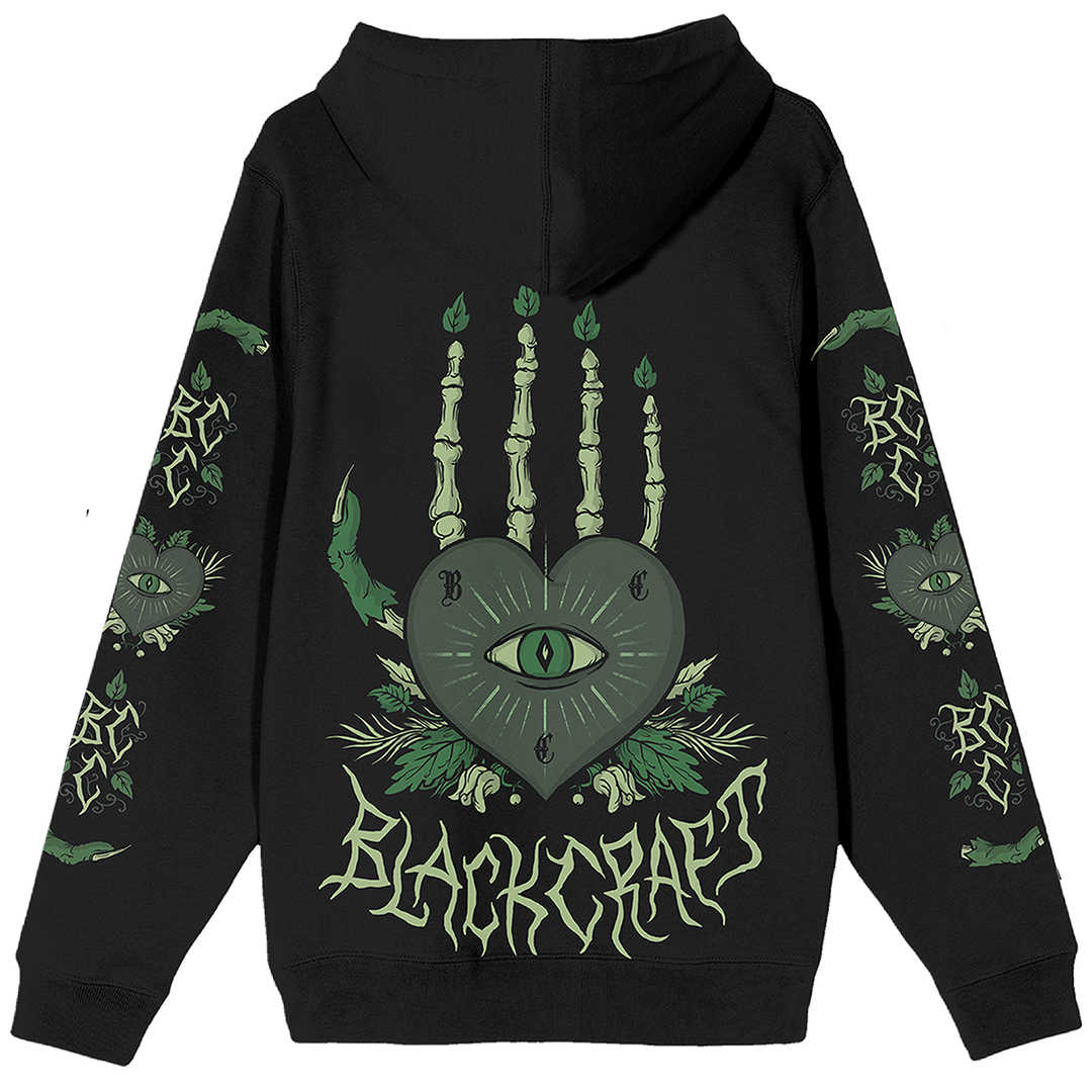 A classic fit black Blackcraft pullover hoodie with custom plant witch artwork on the front, back, and along the sleeves.