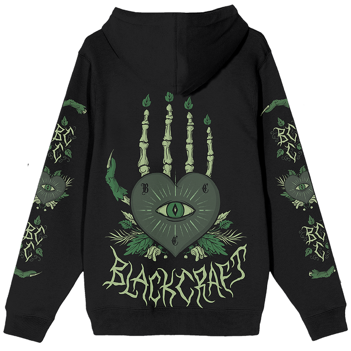 A classic fit black Blackcraft pullover hoodie with custom plant witch artwork on the front, back, and along the sleeves.