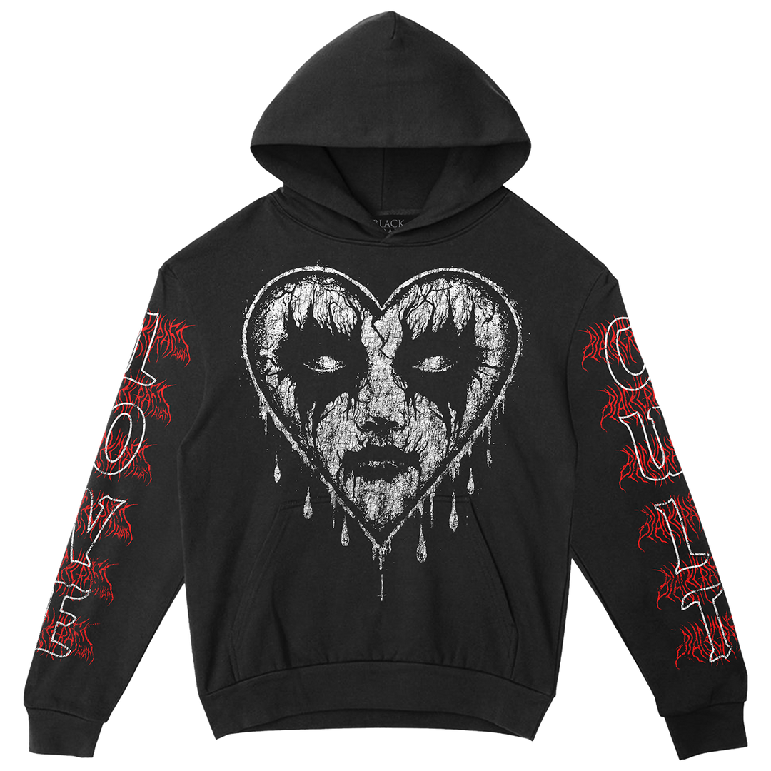 A classic black pullover hoodie with custom Blackcraft artwork in red and white across the front and down the sleeves.