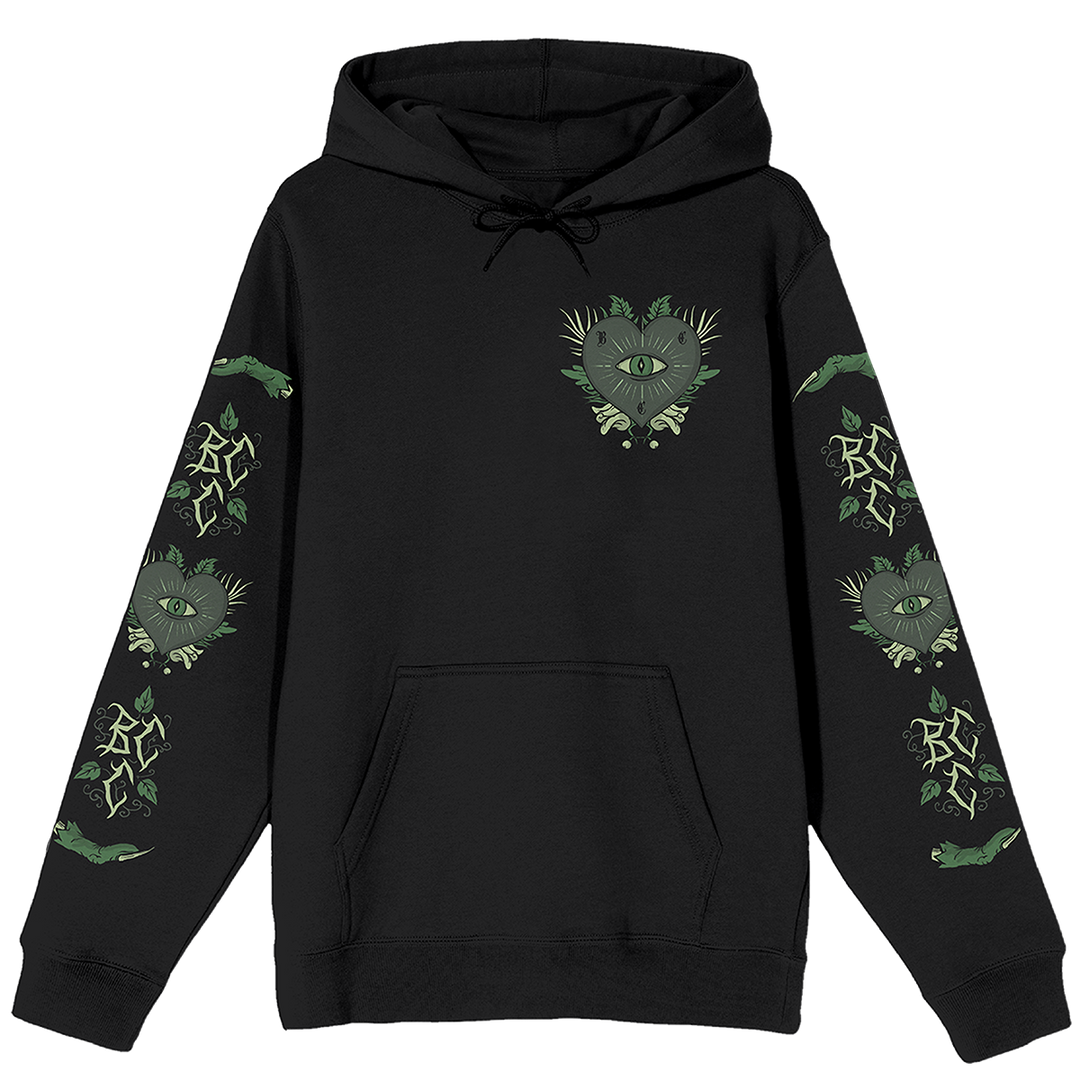 A classic fit black Blackcraft pullover hoodie with custom plant witch artwork on the front, back, and along the sleeves.