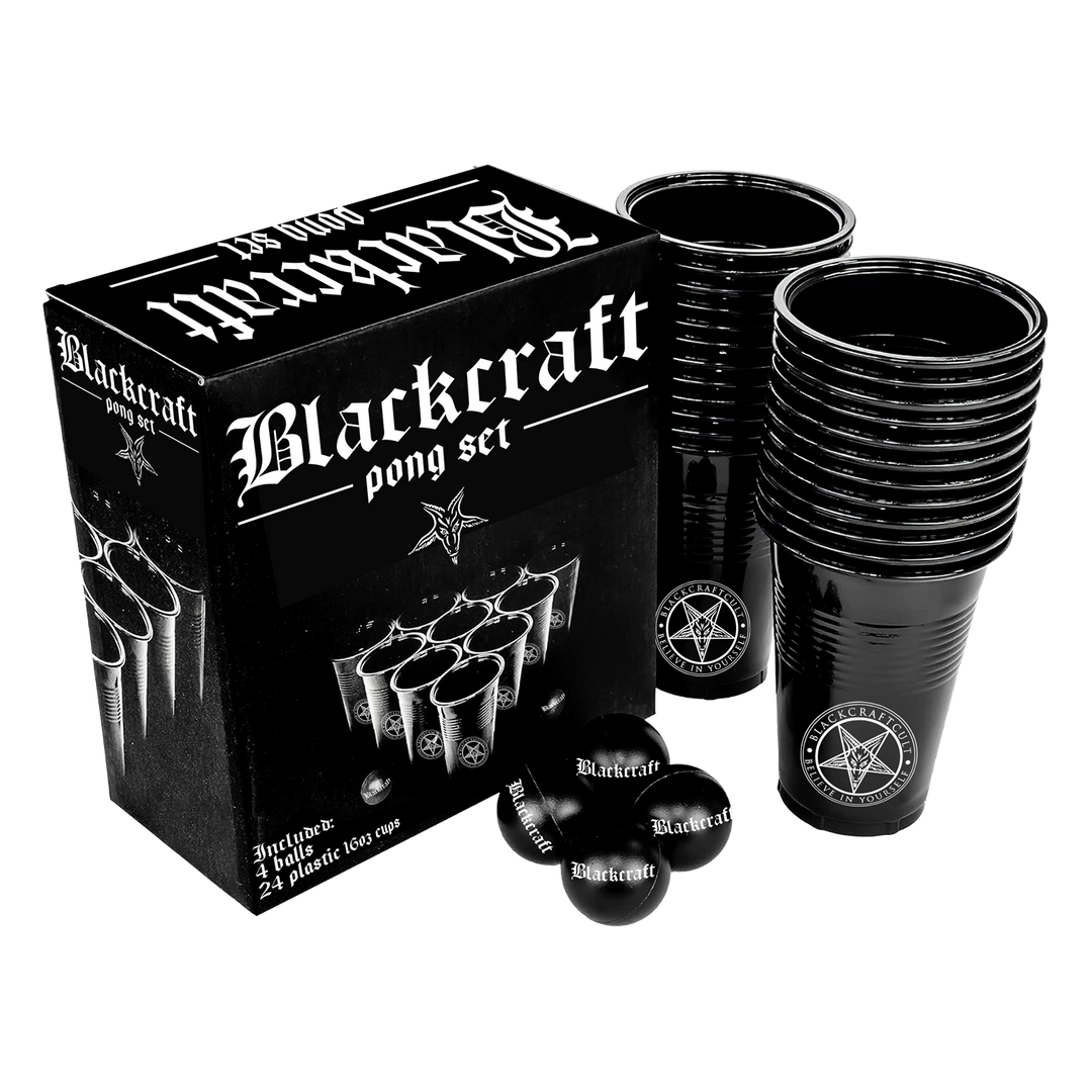 Blackcraft pong set with packaging, black plastic cups, and balls on a white background