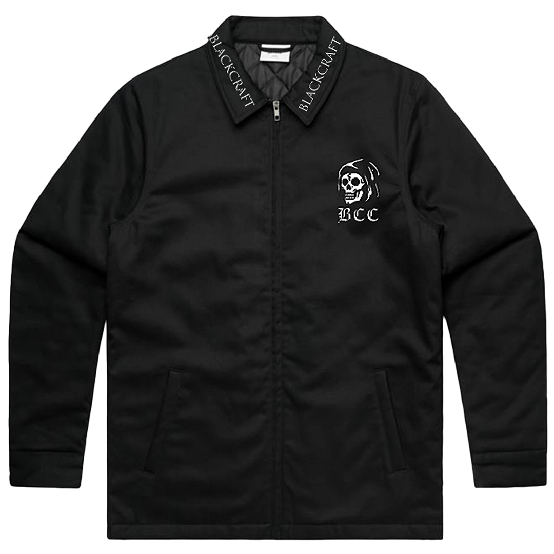 A classic black cotton drill jacket with custom Blackcraft artwork along the back, the collar, and the front. 