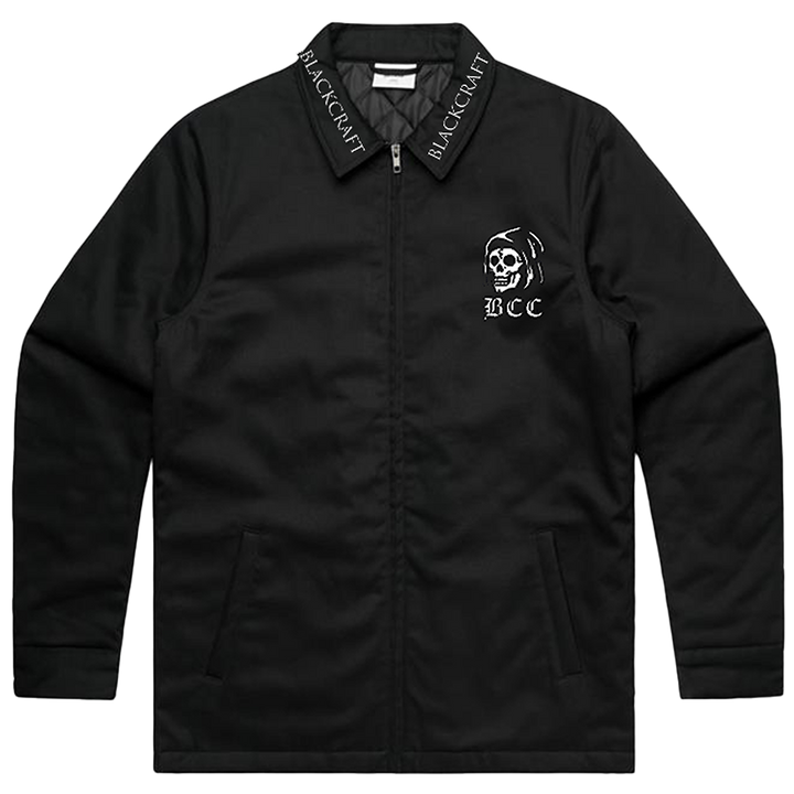 A classic black cotton drill jacket with custom Blackcraft artwork along the back, the collar, and the front. 