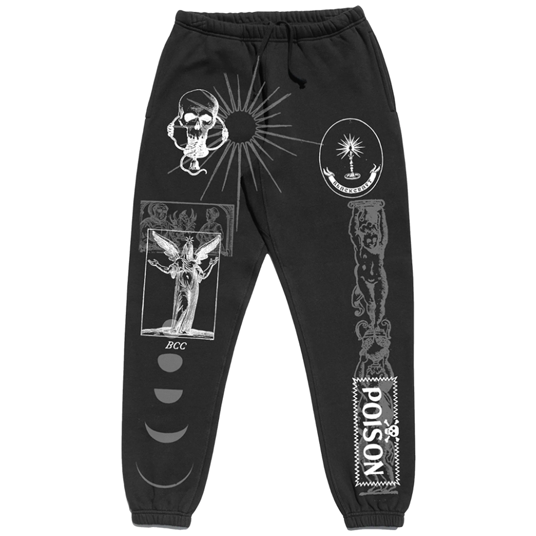 Classic sweatpants in a washed black with custom Blackcraft artwork on the front of both legs. 