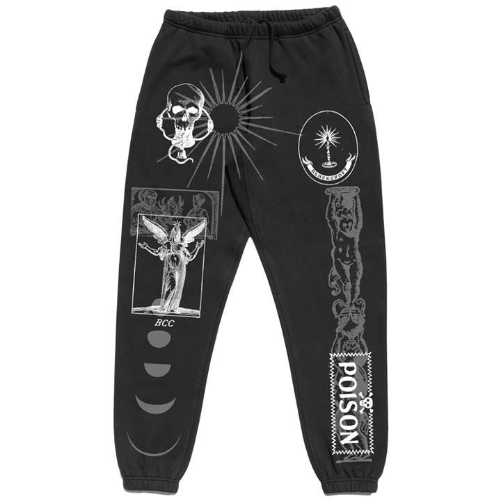 Classic sweatpants in a washed black with custom Blackcraft artwork on the front of both legs. 