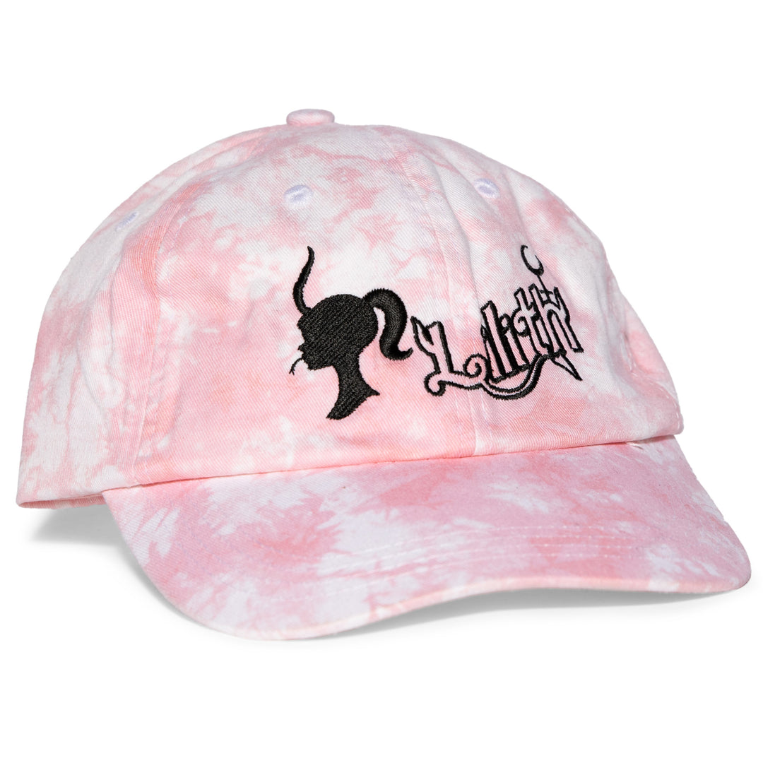 A classic pink tie dye cotton twill hat with embroidered design on the front.