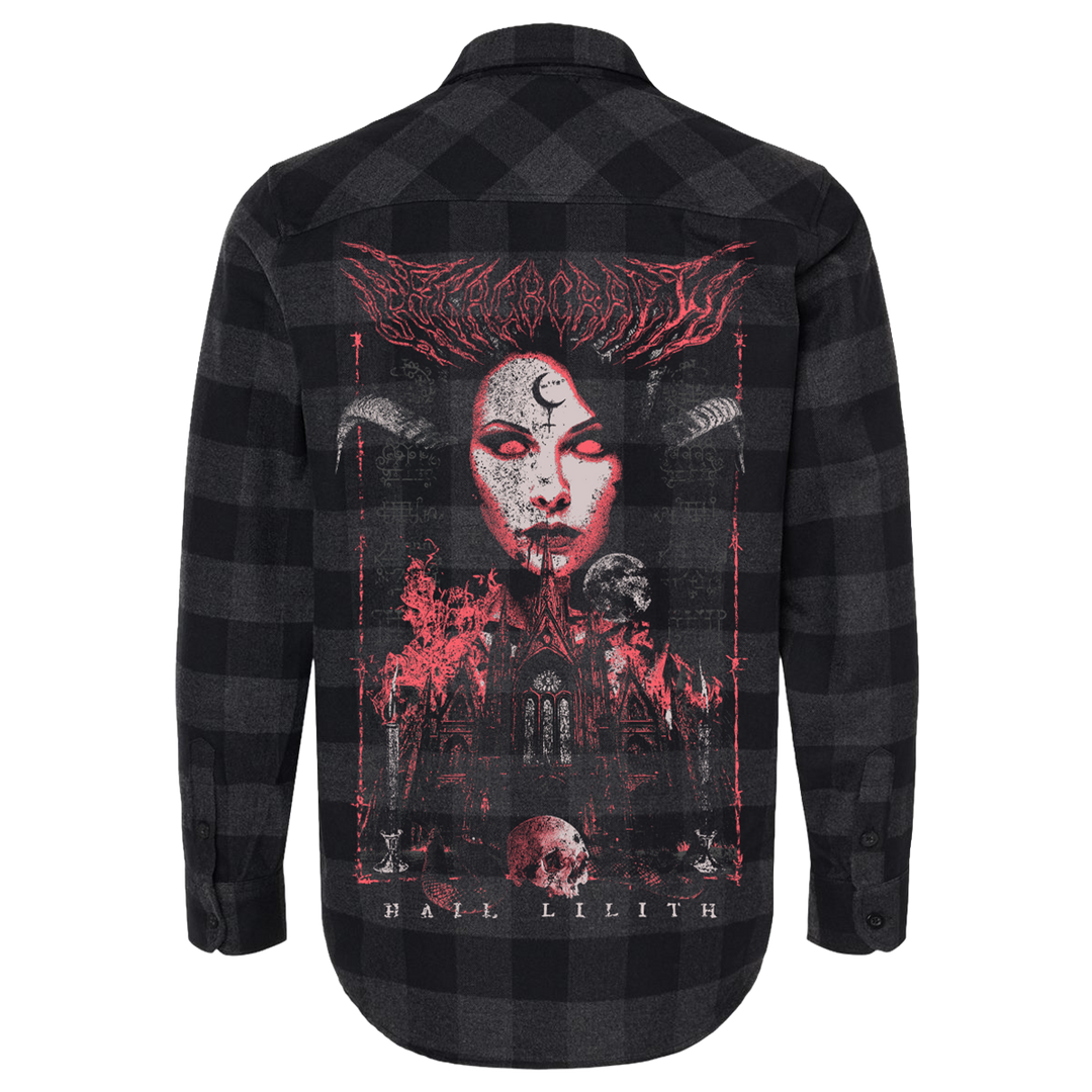 A black and grey checked flannel long sleeve shirt with custom Blackcraft artwork on the back and at the front pocket.