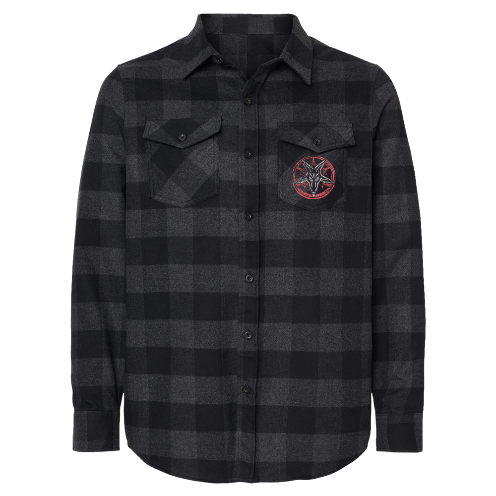 A black and grey checked flannel long sleeve shirt with custom Blackcraft artwork on the back and at the front pocket.
