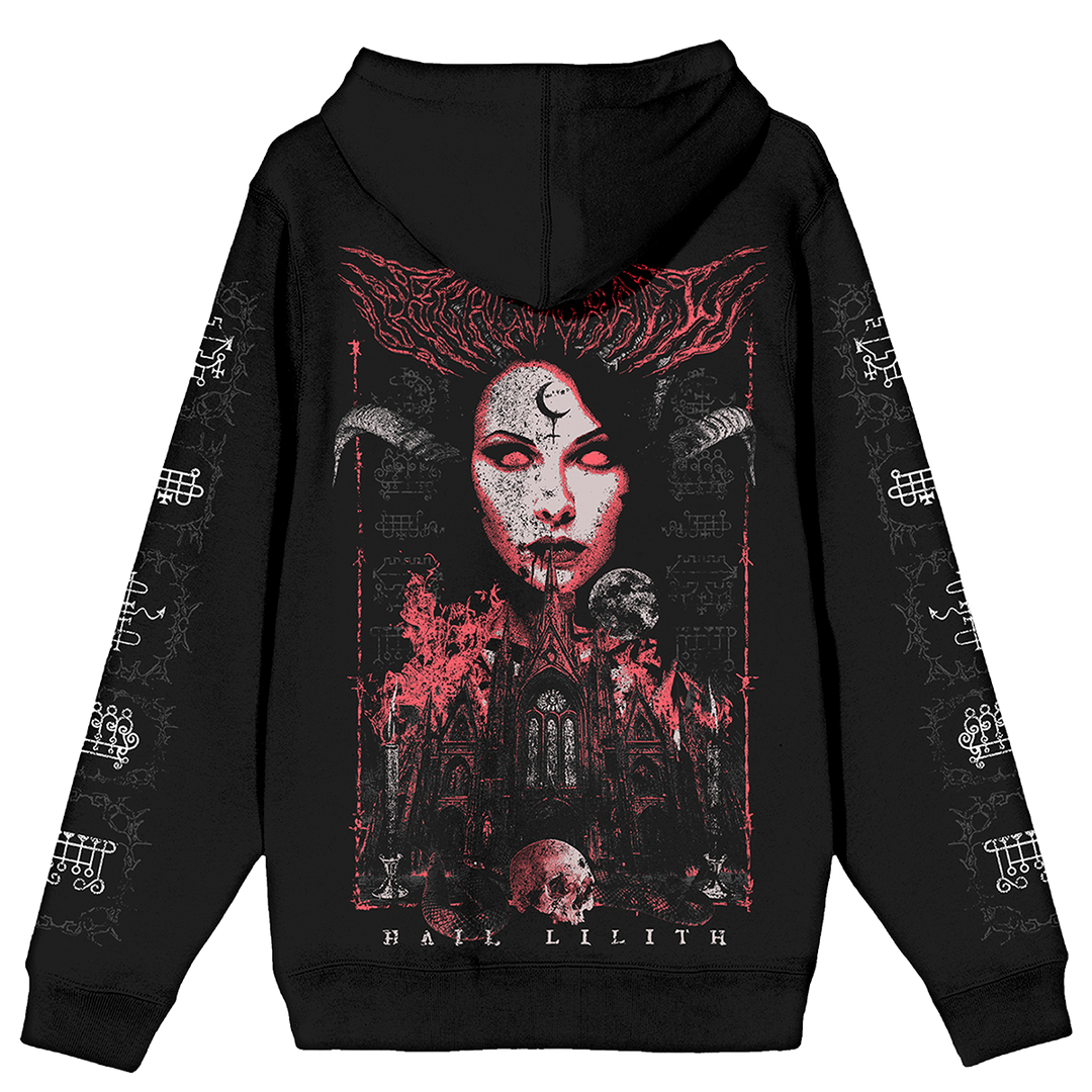 A classic black zip up hoodie with custom Lilith artwork from Blackcraft on the front, back, and sleeves.