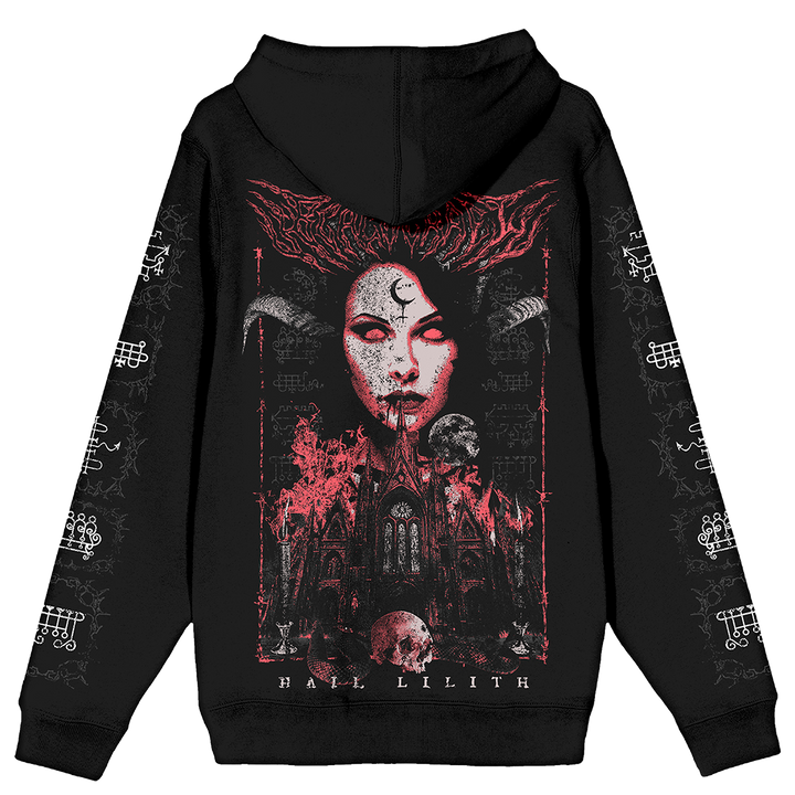 A classic black zip up hoodie with custom Lilith artwork from Blackcraft on the front, back, and sleeves.