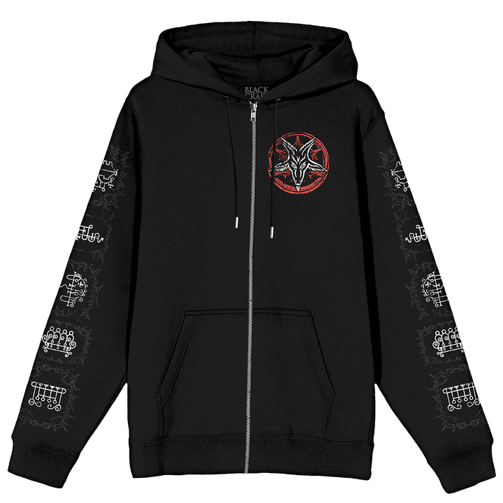 A classic black zip up hoodie with custom Lilith artwork from Blackcraft on the front, back, and sleeves.